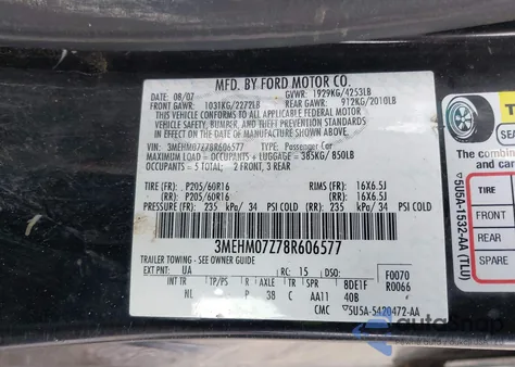 2008 Mercury Milan I4 из США, поврежденный, VIN 3MEHM07Z78R606577